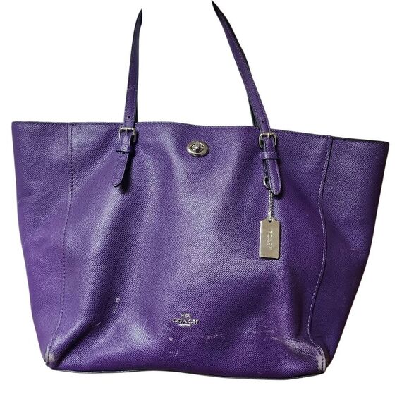 Coach Purple Pebbled Leather Turnlock Tote Bag - Picture 1 of 7
